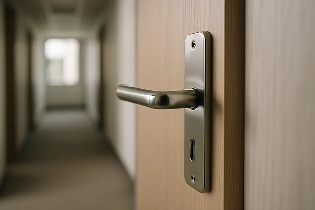 Gros plan d'une poignée de porte de bureau avec un couloir vide en arrière-plan.