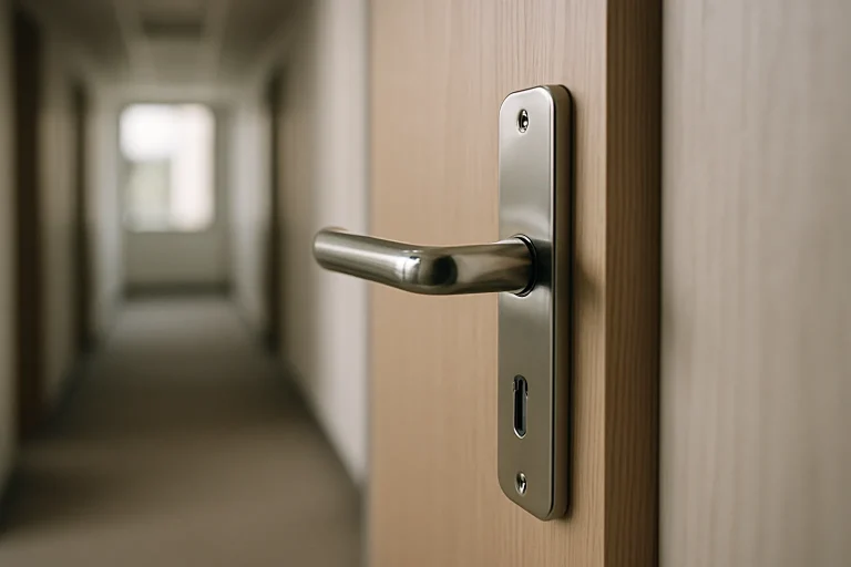 Gros plan d'une poignée de porte de bureau avec un couloir vide en arrière-plan.