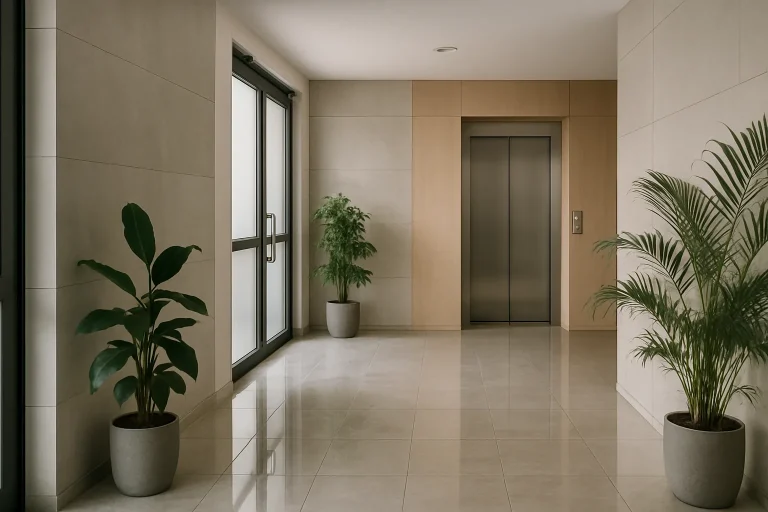 Hall d'un immeuble moderne à Chaumont, avec plantes et sol propre.