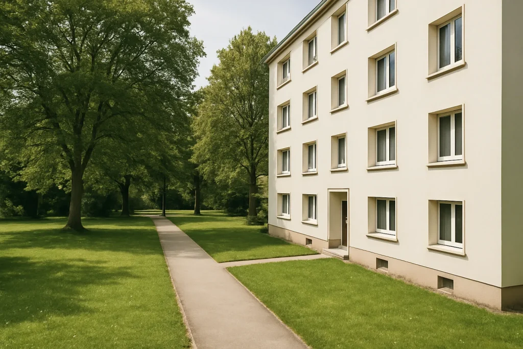 Vue d'un espace vert avec allée propre autour d'un immeuble résidentiel.