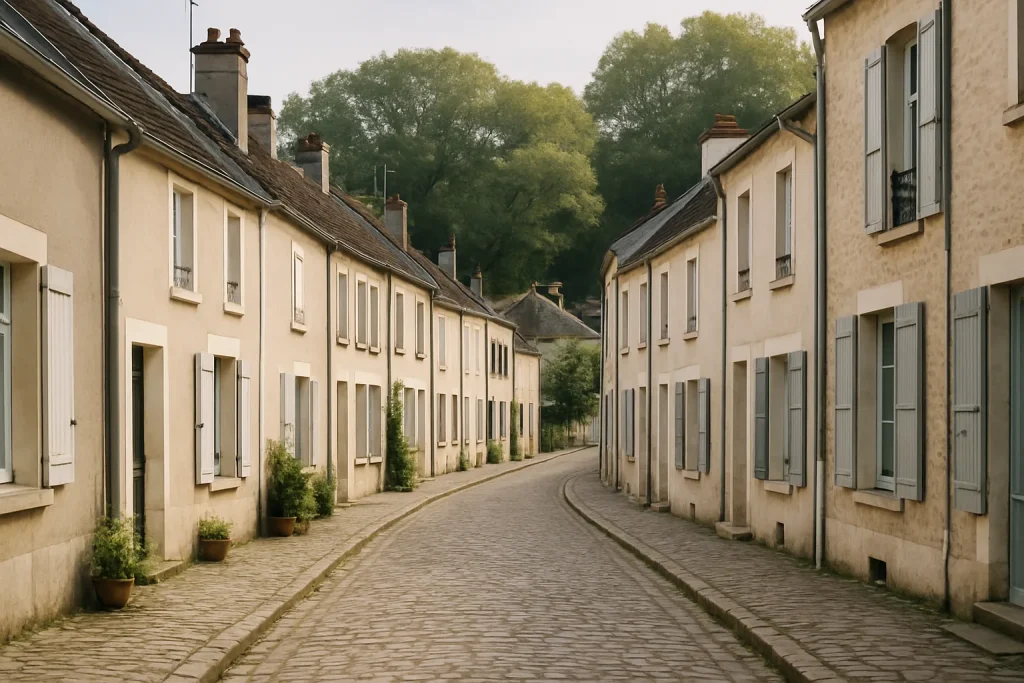 Vue d'une rue pavée à Joinville avec petites copropriétés, lumière douce.